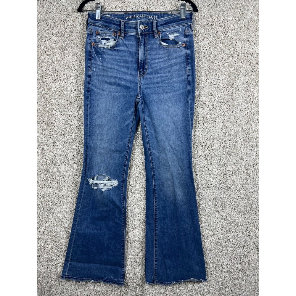 American Eagle Stretch Super Hi Rise Flare Womens Size 2 Blue Distressed Grunge